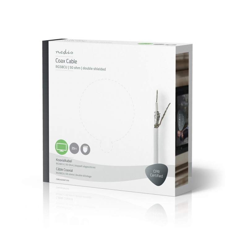 Nedis Coaxkabel op Haspel | RG58C/U | 50 Ohm | Dubbel Afgeschermd | ECA | 25.0 m | Coax | PVC | Wit | Gift Box
