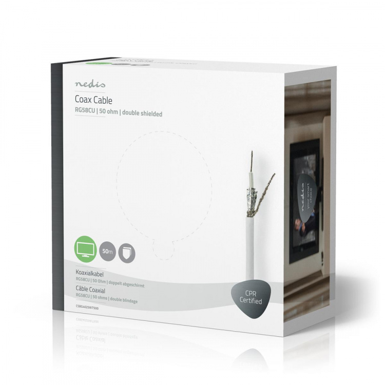 Nedis Coaxkabel op Haspel | RG58C/U | 50 Ohm | Dubbel Afgeschermd | ECA | 50.0 m | Coax | PVC | Wit | Gift Box