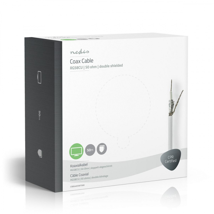 Nedis Coaxkabel op Haspel | RG58C/U | 50 Ohm | Dubbel Afgeschermd | ECA | 50.0 m | Coax | PVC | Wit | Gift Box