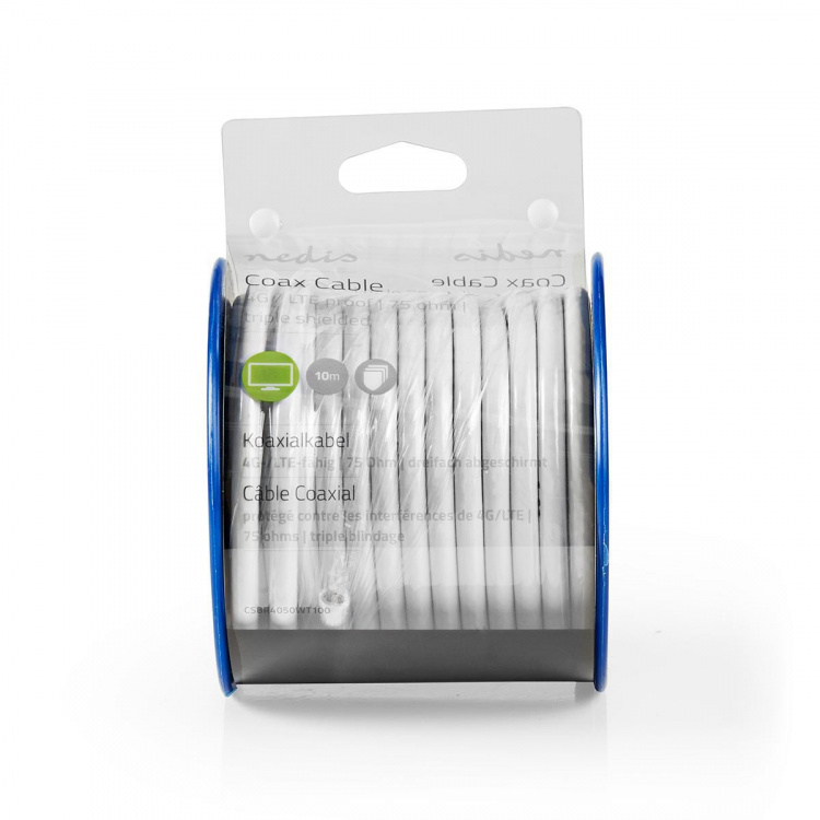 Nedis Coaxkabel op Haspel | 4G / LTE Secure | 75 Ohm | Drievoudig Afgeschermd | ECA | 10.0 m | Coax | PVC | Wit | Rol