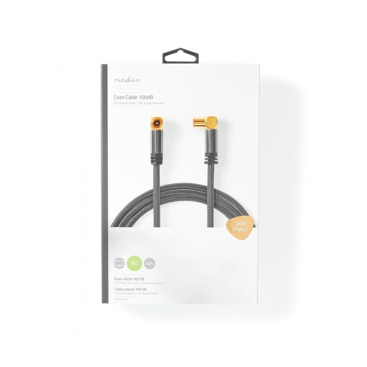 Nedis Coaxkabel | IEC (Coax) Male | IEC (Coax) Female | Verguld | 75 Ohm | Viervoudig Afgeschermd | 5.00 m | Rond | Katoen | Grijs / Gun Metal Grijs | Cover Window Box