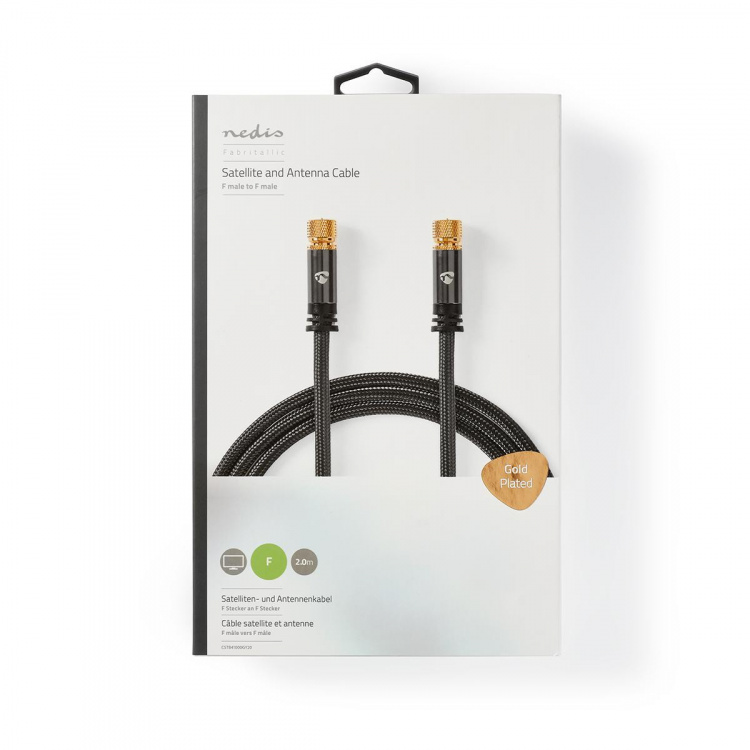 Nedis Satelliet- en Antennekabel | F-Male | F-Male | Verguld | 75 Ohm | Viervoudig Afgeschermd | 2.00 m | Rond | Katoen | Grijs / Gun Metal Grijs | Cover Window Box
