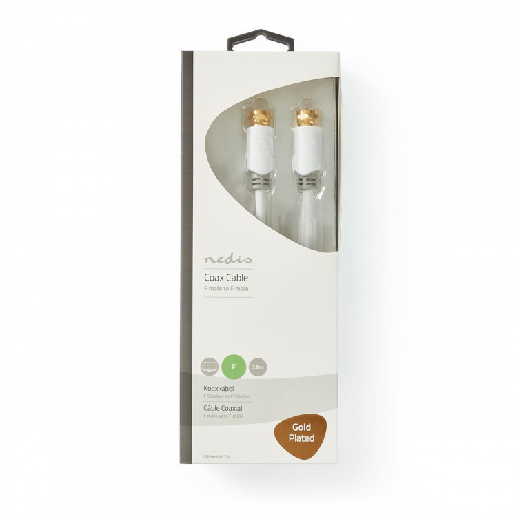 Nedis Satelliet- en Antennekabel | F-Male | F-Male | Verguld | 90 dB | 75 Ohm | Enkelvoudig Afgeschermd | 3.00 m | Rond | PVC | Wit | Doos Nedis Satelliet- en Antennekabel | F-Male | F-Male | Verguld | 90 dB | 75 Ohm | Enkelvoudig Afgeschermd | 3.00 m | Rond | PVC | Wit | Doos
