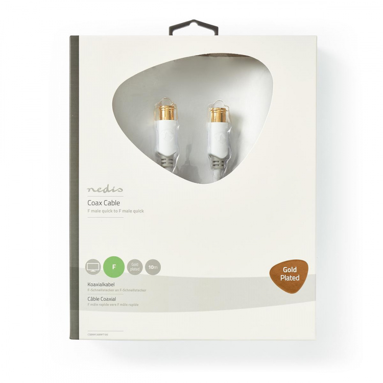 Nedis F Quick - F Quick Cables | F-Male Quick | F-Male Quick | Verguld | 75 Ohm | Dubbel Afgeschermd | 10.0 m | Rond | PVC | Wit | Window Box