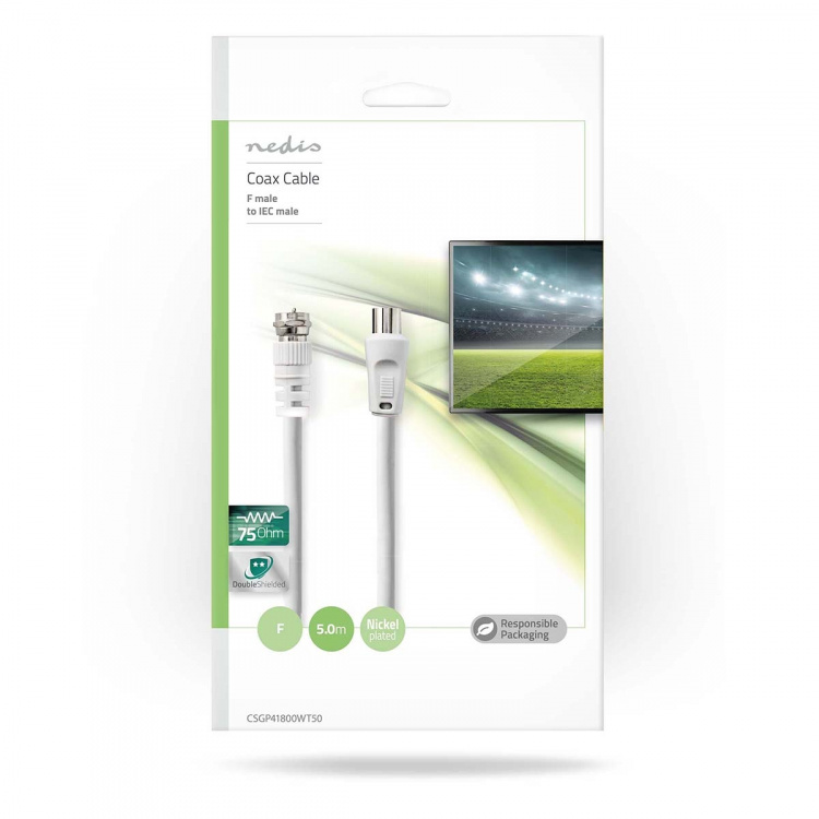 Nedis Satelliet- en Antennekabel | F-Male | IEC (Coax) Male | Vernikkeld | 30 dB | 75 Ohm | Dubbel Afgeschermd | 5.00 m | Rond | PVC | Wit | Envelop Nedis Satelliet- en Antennekabel | F-Male | IEC (Coax) Male | Vernikkeld | 30 dB | 75 Ohm | Dubbel Afgeschermd | 5.00 m | Rond | PVC | Wit | Envelop