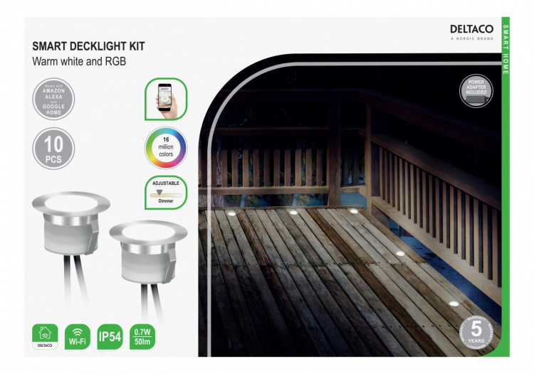 DELTACO SMART HOME SH-DLK01, smart altanbelysning, RGB & varmvitt