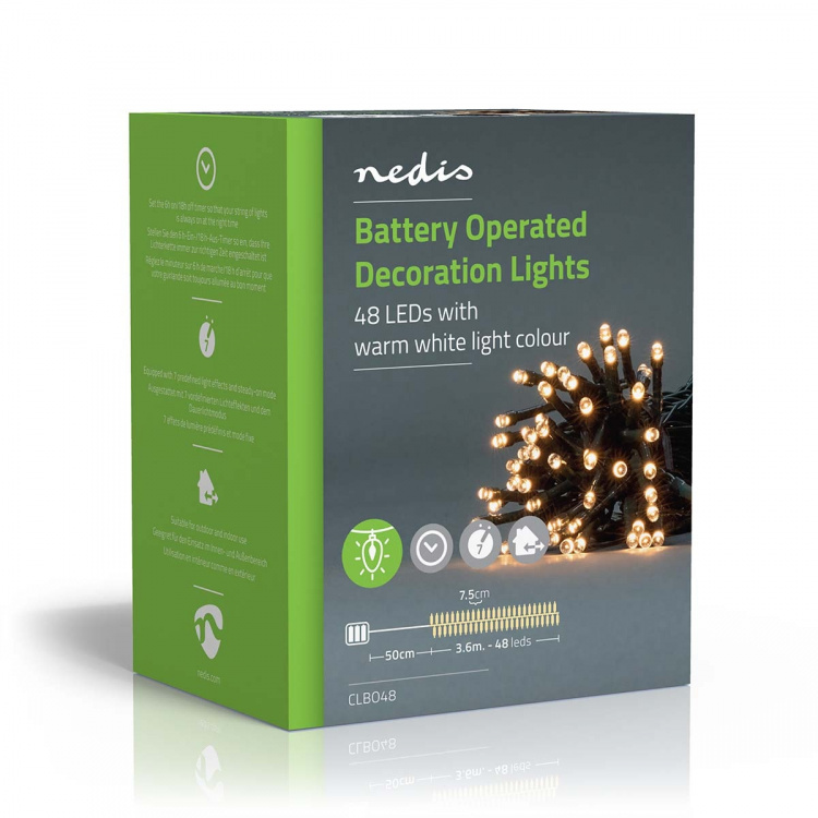 Nedis Kerstverlichting | Koord | 48 LED\'s | Warm Wit | 3.60 m | Licht effecten: 7 | Binnen & Buiten | Batterij Gevoed