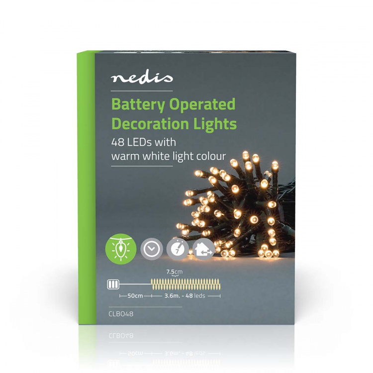 Nedis Kerstverlichting | Koord | 48 LED\'s | Warm Wit | 3.60 m | Licht effecten: 7 | Binnen & Buiten | Batterij Gevoed