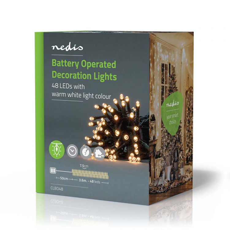 Nedis Kerstverlichting | Koord | 48 LED\'s | Warm Wit | 3.60 m | Licht effecten: 7 | Binnen & Buiten | Batterij Gevoed