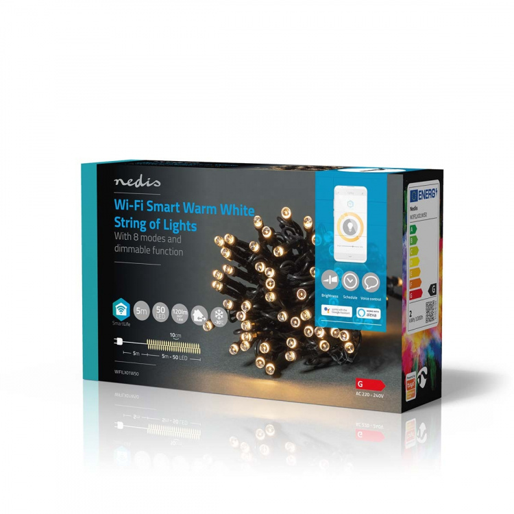 Nedis SmartLife-kerstverlichting | Koord | Wi-Fi | Warm Wit | 50 LED\'s | 5.00 m | Android™ / IOS