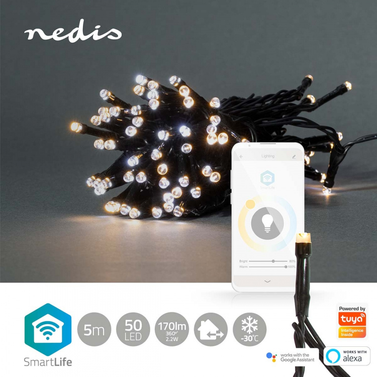 Nedis SmartLife-kerstverlichting | Koord | Wi-Fi | Warm tot Koel Wit | 50 LED\'s | 5.00 m | Android™ / IOS