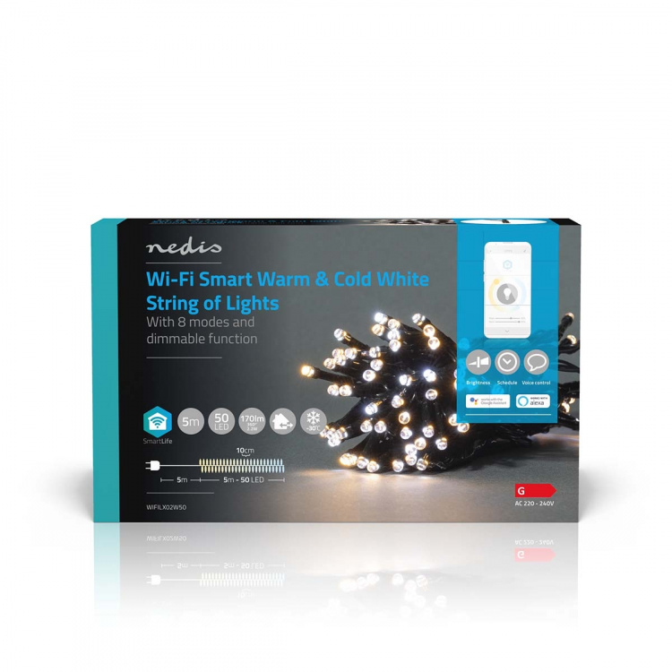Nedis SmartLife-kerstverlichting | Koord | Wi-Fi | Warm tot Koel Wit | 50 LED\'s | 5.00 m | Android™ / IOS