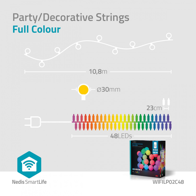 Nedis SmartLife Decoratieve Verlichting | Feestverlichting | Wi-Fi | RGB | 48 LED\'s | 10.8 m | Android™ / IOS | Diameter bulb: 30 mm