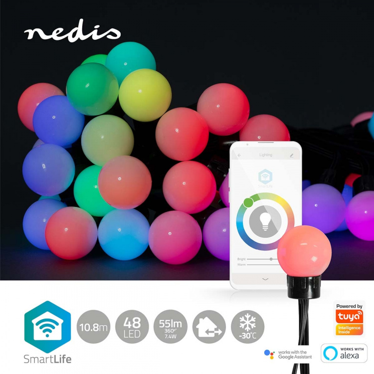 Nedis SmartLife Decoratieve Verlichting | Feestverlichting | Wi-Fi | RGB | 48 LED\'s | 10.8 m | Android™ / IOS | Diameter bulb: 30 mm