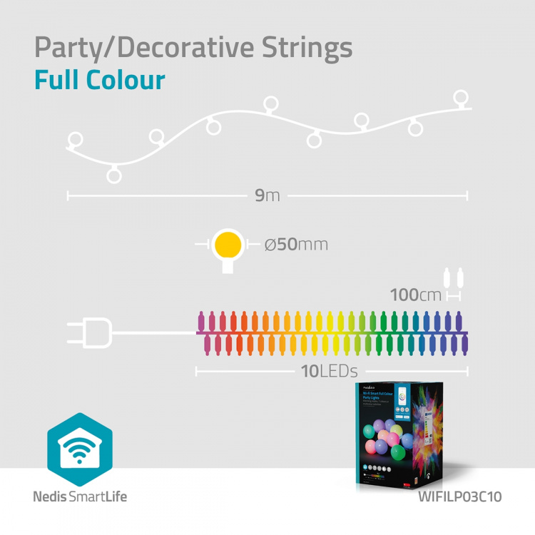 Nedis SmartLife Decoratieve Verlichting | Feestverlichting | Wi-Fi | RGB / Wit | 10 LED\'s | 9.00 m | Android™ / IOS | Diameter bulb: 50 mm