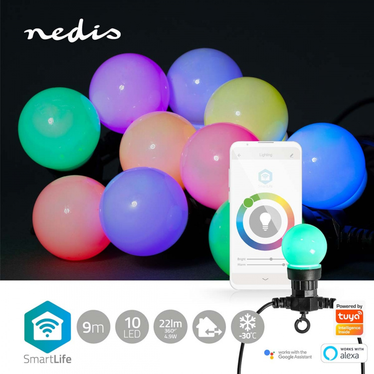 Nedis SmartLife Decoratieve Verlichting | Feestverlichting | Wi-Fi | RGB / Wit | 10 LED\'s | 9.00 m | Android™ / IOS | Diameter bulb: 50 mm