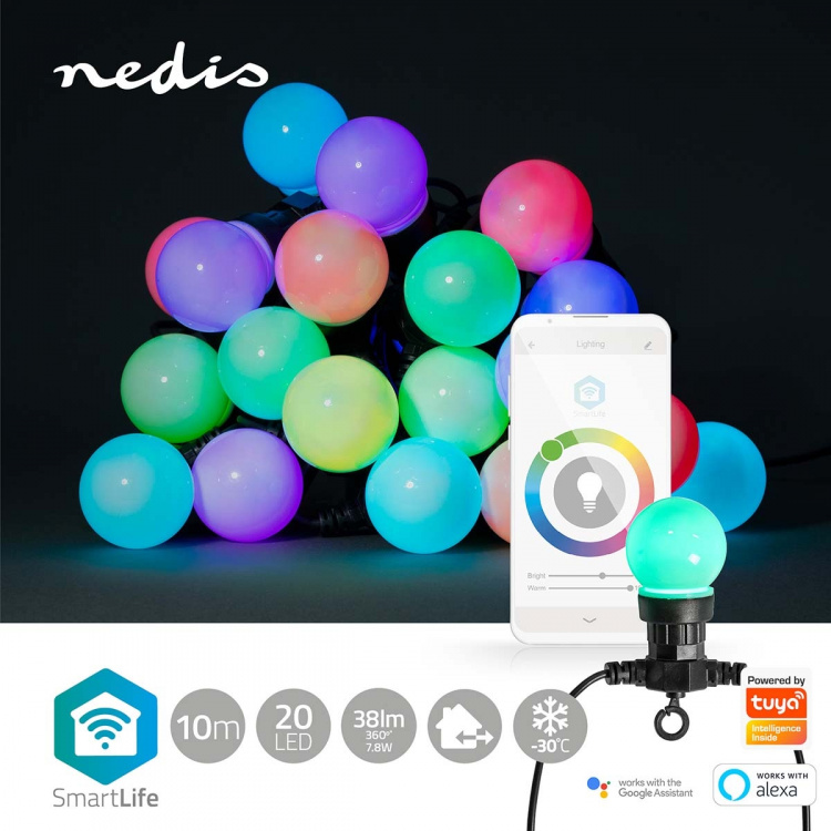 Nedis SmartLife Decoratieve Verlichting | Feestverlichting | Wi-Fi | RGB / Wit | 20 LED\'s | 10 m | Android™ / IOS | Diameter bulb: 50 mm Nedis SmartLife Decoratieve Verlichting | Feestverlichting | Wi-Fi | RGB / Wit | 20 LED\'s | 10 m | Android™ / IOS | Diameter bulb: 50 mm