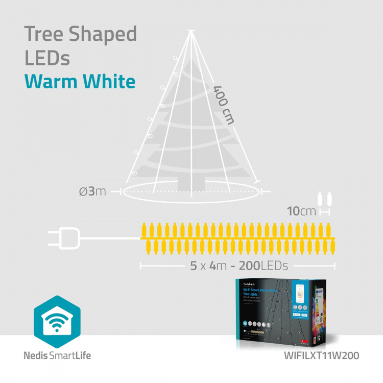 Nedis SmartLife-kerstverlichting | Boom | Wi-Fi | Warm Wit | 200 LED\'s | 20.0 m | 5 x 4 m | Android™ / IOS