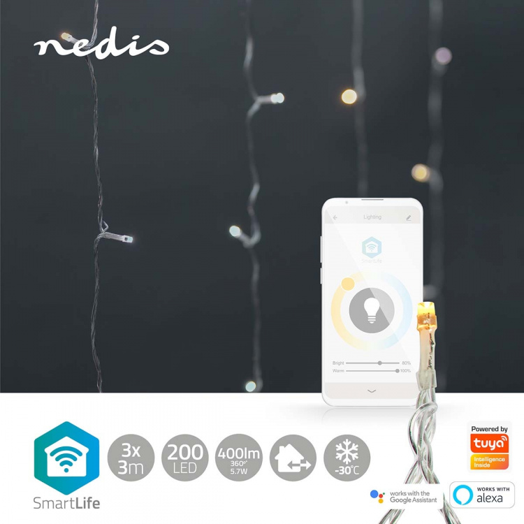 Nedis SmartLife-kerstverlichting | Gordijn | Wi-Fi | Warm tot Koel Wit | 200 LED\'s | 3 m | Android™ / IOS Nedis SmartLife-kerstverlichting | Gordijn | Wi-Fi | Warm tot Koel Wit | 200 LED\'s | 3 m | Android™ / IOS