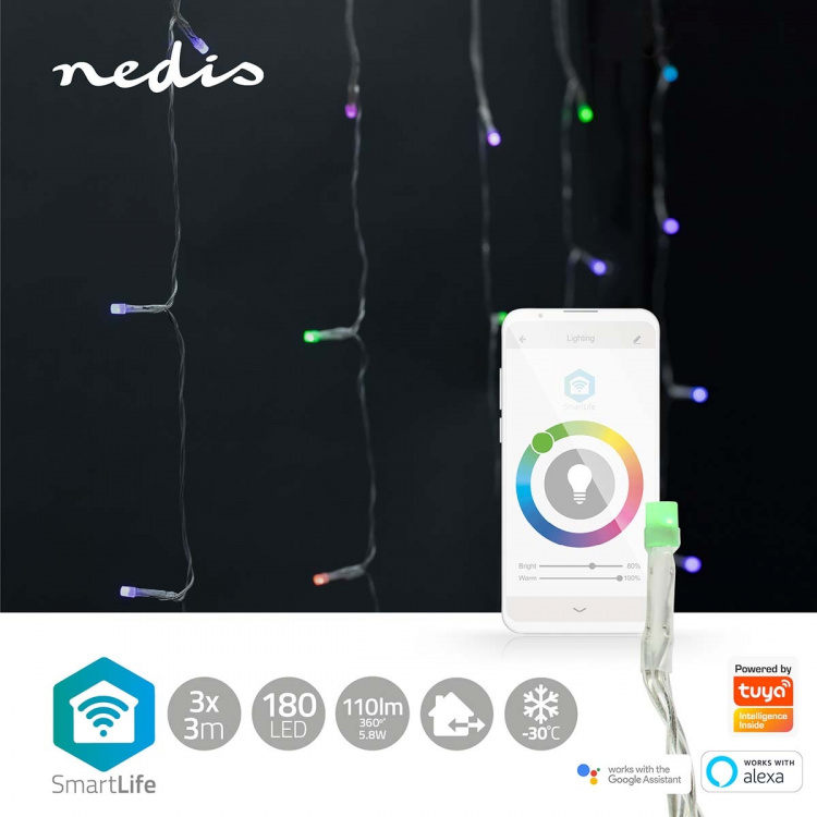 Nedis SmartLife-kerstverlichting | Gordijn | Wi-Fi | RGB | 180 LED\'s | 3 m | Android™ / IOS