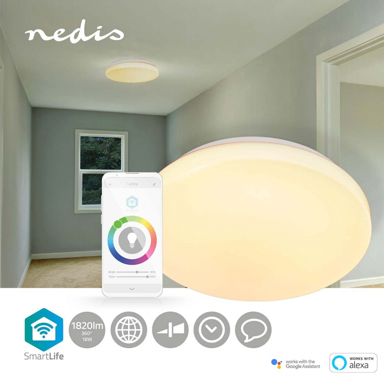 Nedis SmartLife Plafondlamp | Wi-Fi | RGB / Warm tot Koel Wit | Rond | Diameter: 260 mm | 1820 lm | 3000 - 6500 K | IP20 | Energieklasse: F | Android™ / IOS