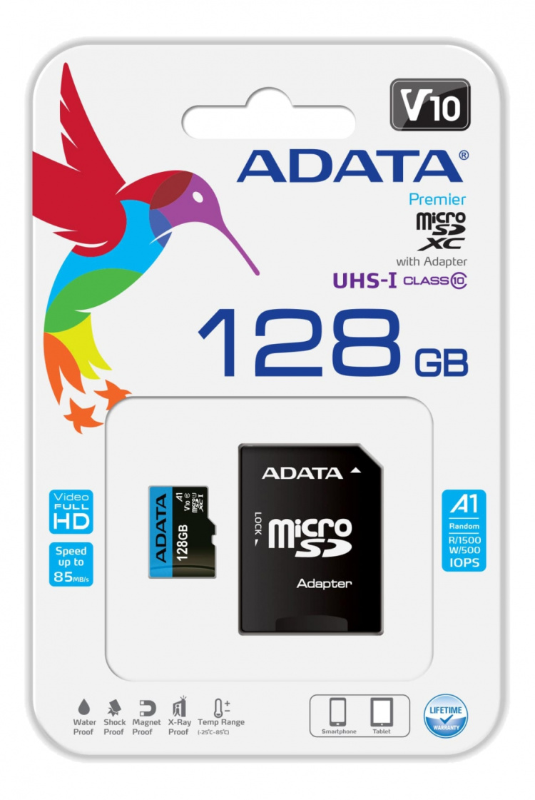 ADATA 64GB MicroSDXC minneskort med SD-adapter, UHS-I, Klass 10, A1, B