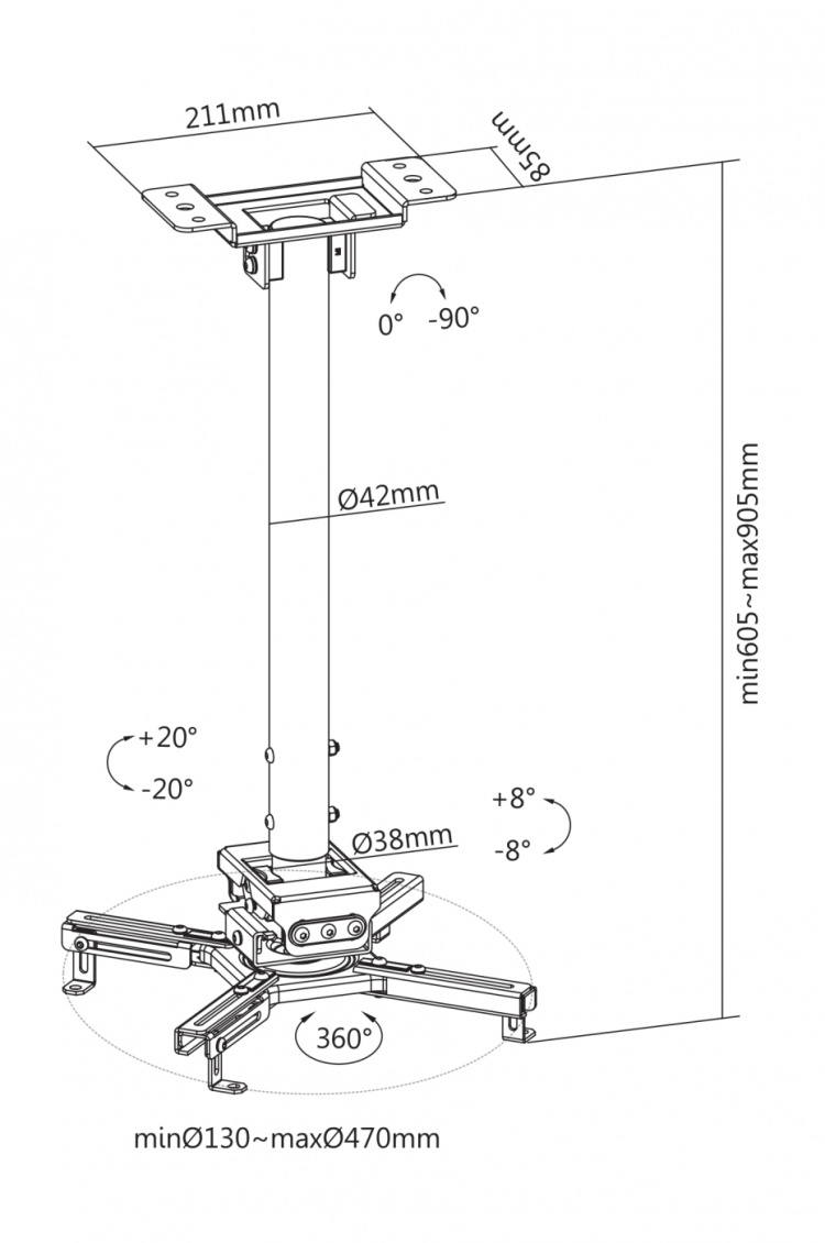 DELTACO Office Projector Adjustable Ceiling mount, 605mm-905mm, 35kg