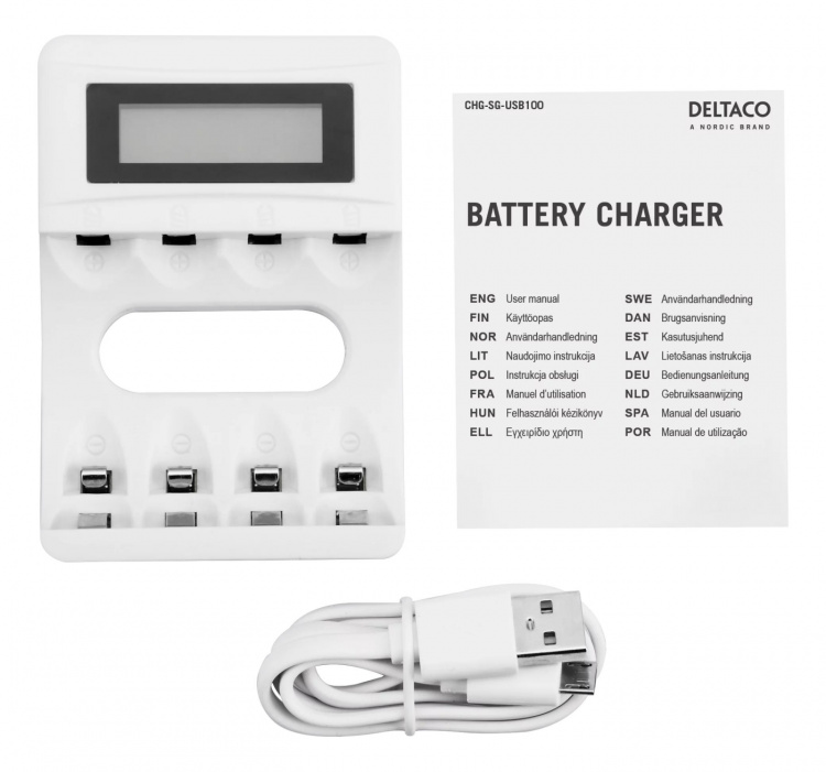 DELTACO Ultimate Ni-Mh USB charger for AA/AAA batteries, display DELTACO Ultimate Ni-Mh USB charger for AA/AAA batteries, display