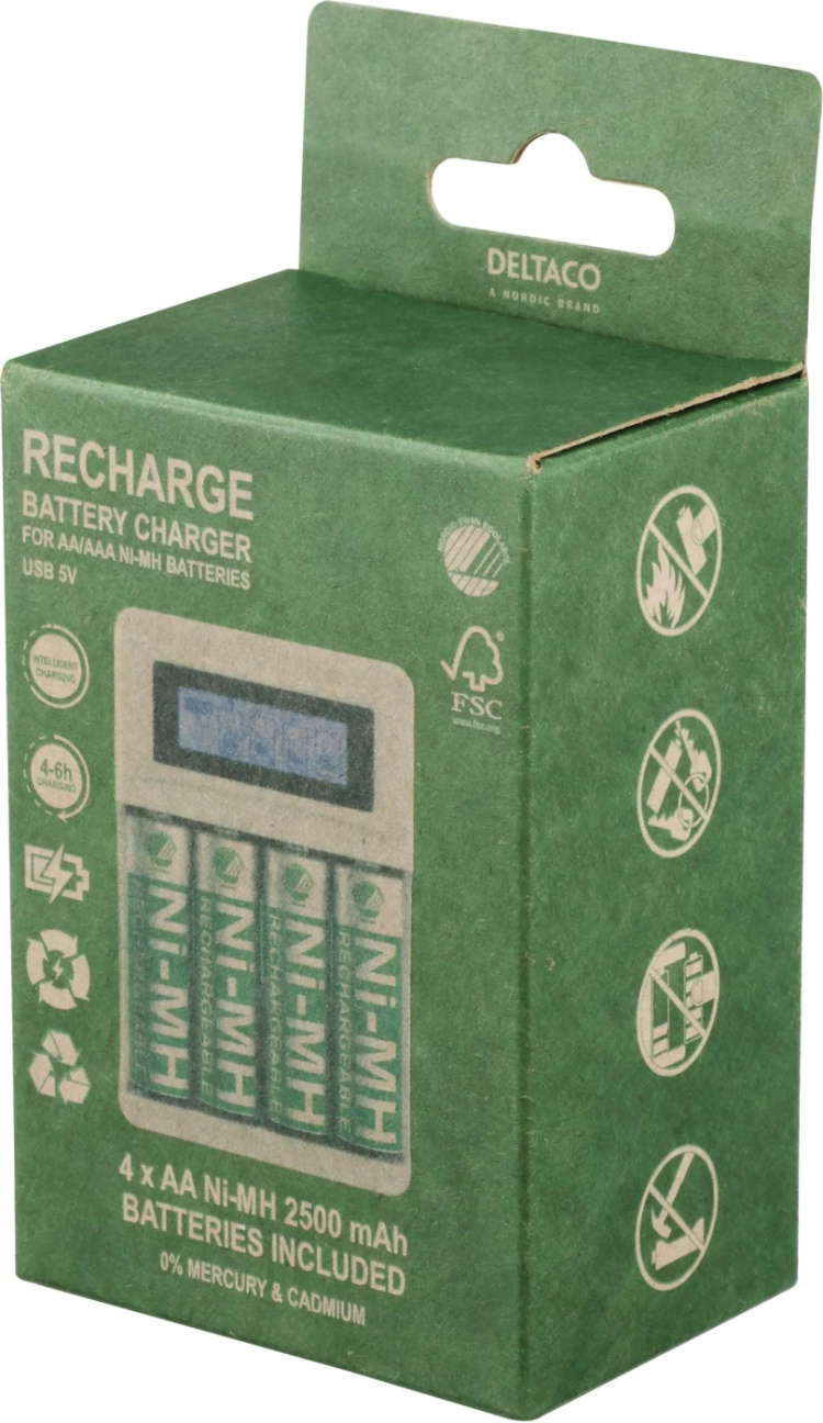 DELTACO Ultieme Ni-Mh USB-oplader met 4 x AA-batterijen