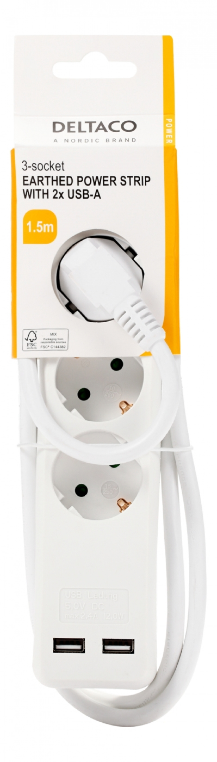 DELTACO outlet 3xCEE 7/3 1xCEE 7/7, 2xUSB-A, 1,5m white