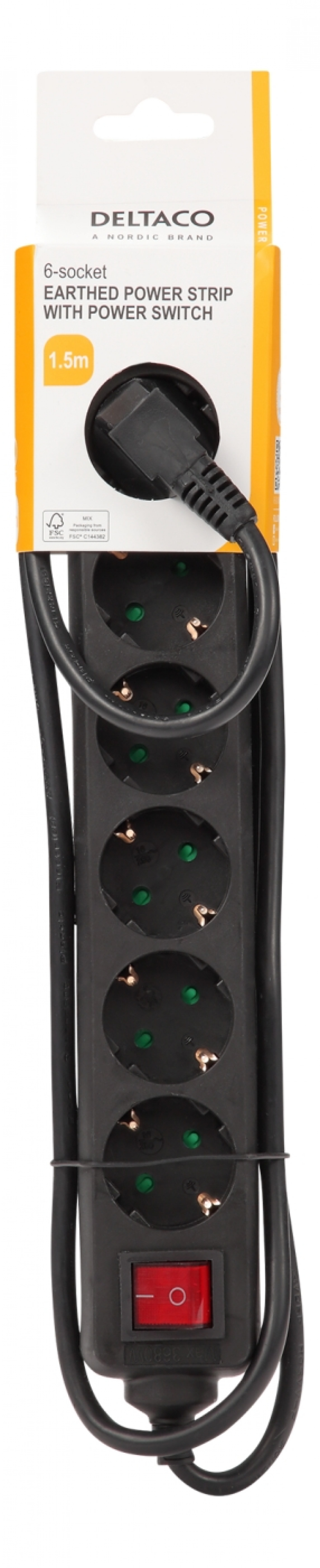 DELTACO outlet 6xCEE 7/3 1xCEE 7/7 switch 1,5m black