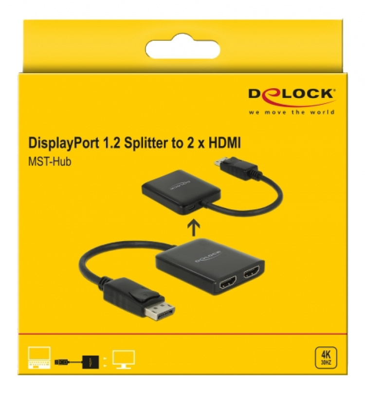 Delock DisplayPort 1.2 Splitter 1 x DisplayPort in > 2 x HDMI out 4K 30 Hz, svart