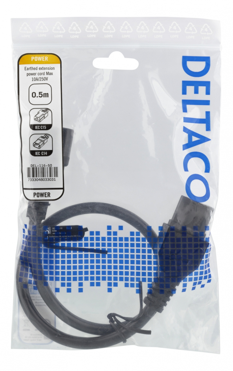 DELTACO förlängningskabel IEC C15 - IEC C14, 0.5m, svart DELTACO förlängningskabel IEC C15 - IEC C14, 0.5m, svart