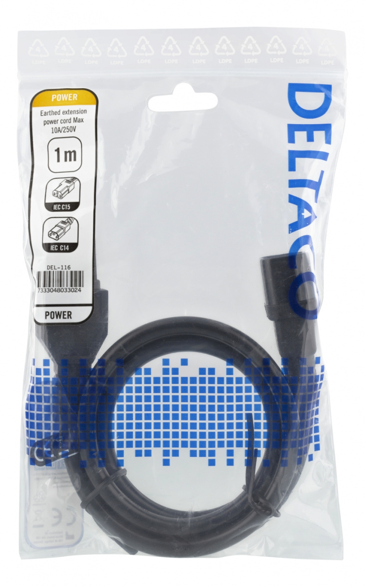 DELTACO förlängningskabel IEC C15 - IEC C14, 3m, svart DELTACO förlängningskabel IEC C15 - IEC C14, 3m, svart