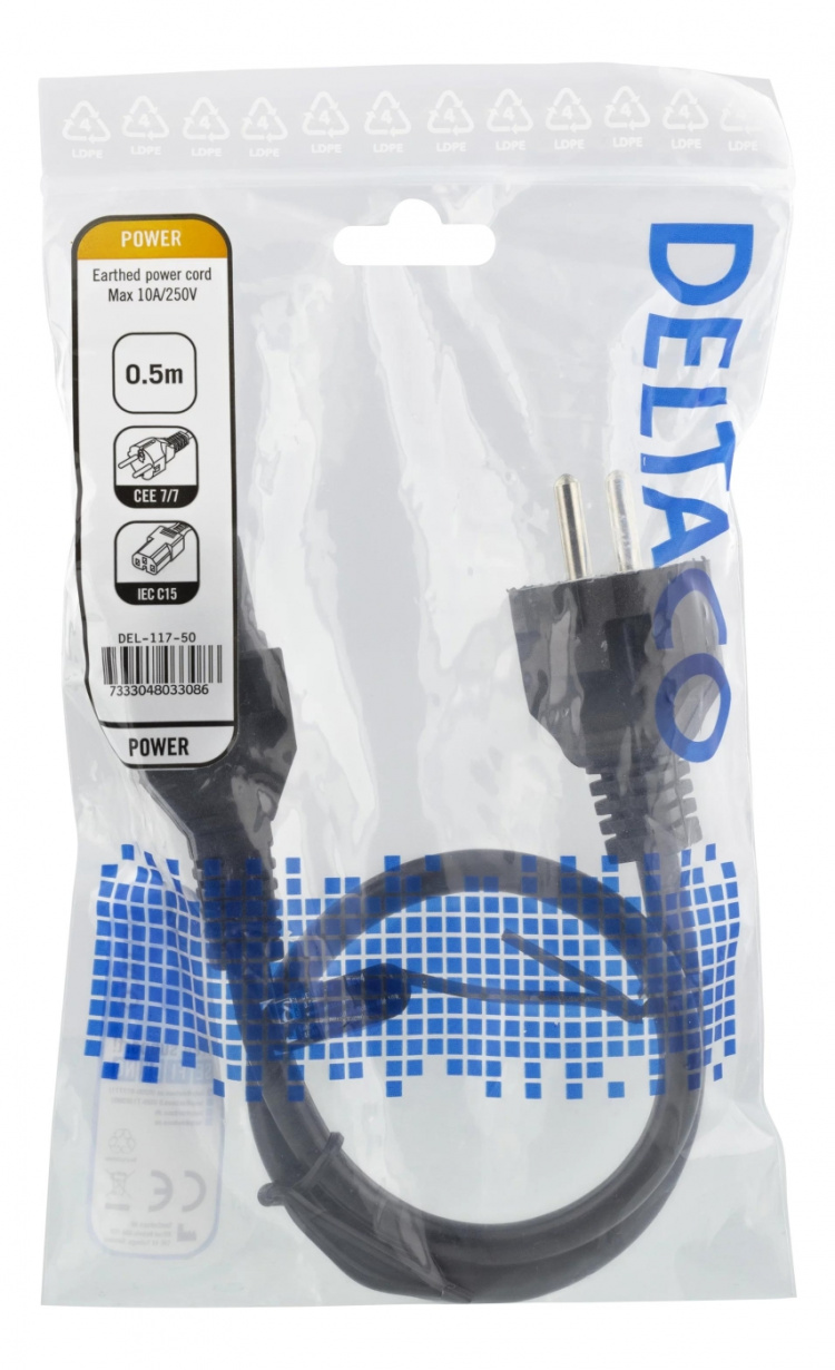 DELTACO Power cord CEE 7/7 - IEC C15, 0.5m, black
