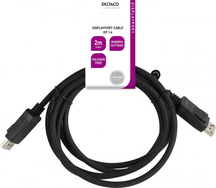 DELTACO DisplayPort cable, DP 1.4, 8K@60Hz, 2m, black