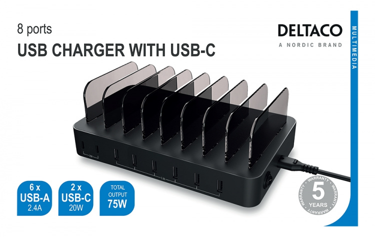 DELTACO USB charging station 6x USB-A, 2x USB-C PD, total 75W, black