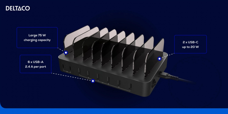 DELTACO USB charging station 6x USB-A, 2x USB-C PD, total 75W, black