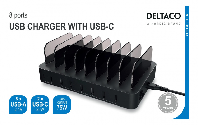 DELTACO USB charging station 6x USB-A, 2x USB-C PD, total 75W, black