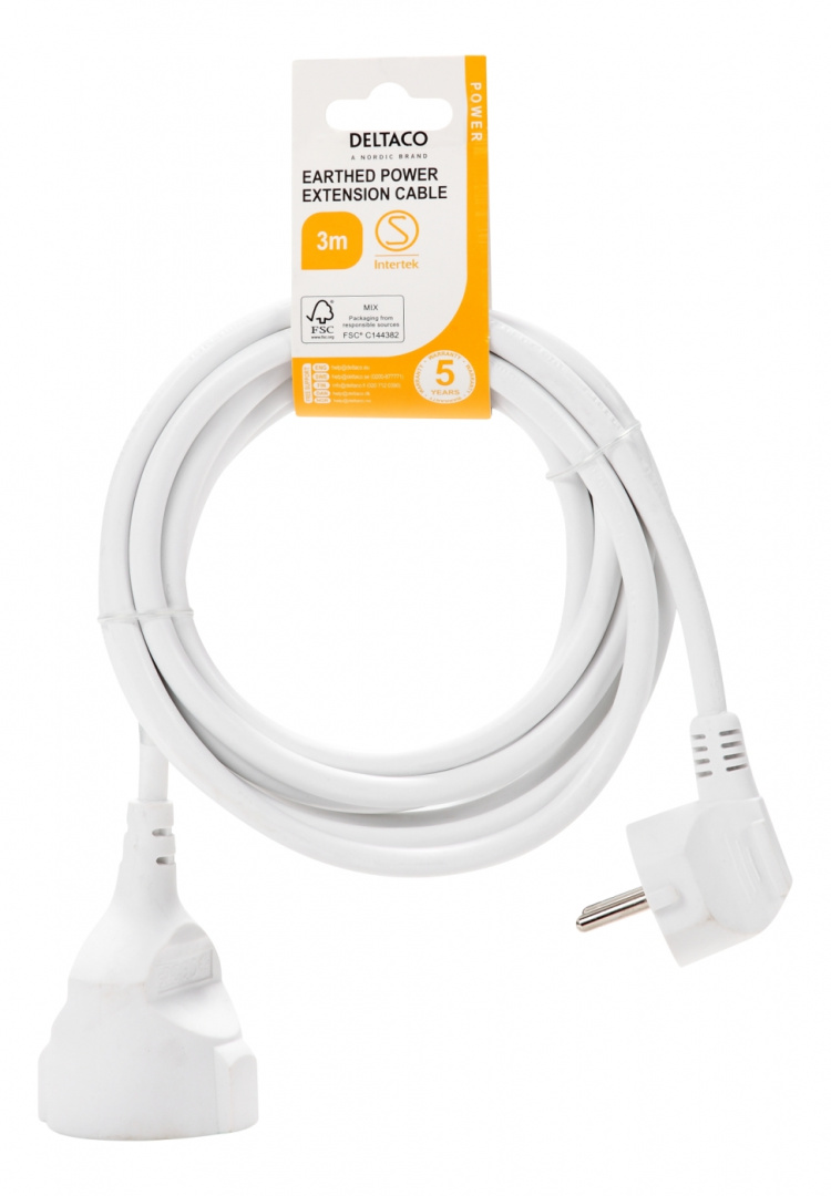DELTACO Jordad förlängningskabel 1x CEE 7/3, 1x CEE 7/7, 3m, Vit DELTACO Jordad förlängningskabel 1x CEE 7/3, 1x CEE 7/7, 3m, Vit