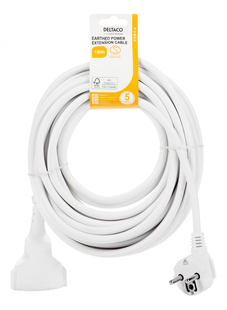 DELTACO Jordad förlängningskabel 1x CEE 7/3, 1x CEE 7/7, 10m, Vit