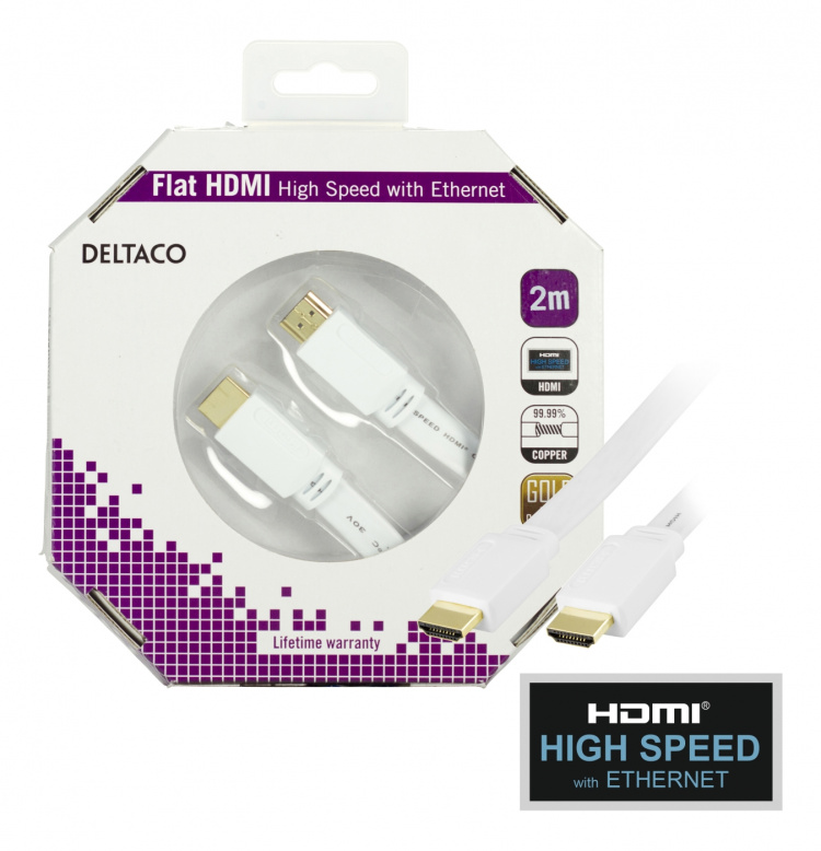 DELTACO platt HDMI kabel, HDMI High Speed with Ethernet, 4K, 2m, vit DELTACO platt HDMI kabel, HDMI High Speed with Ethernet, 4K, 2m, vit