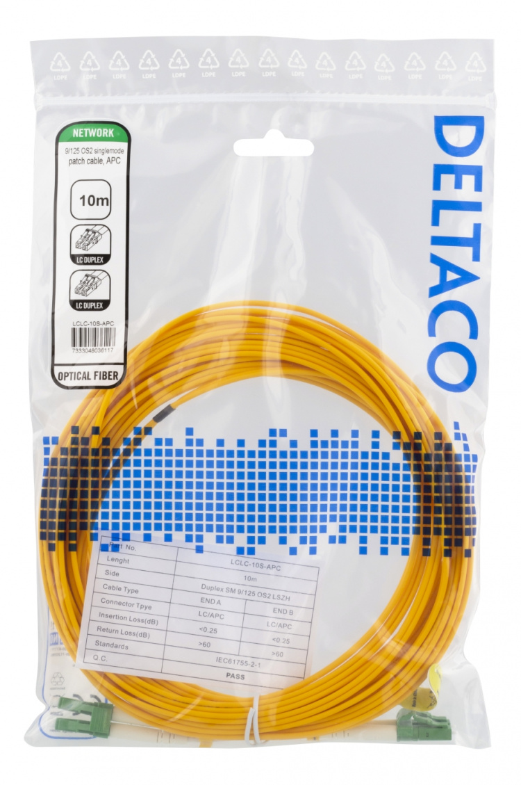 DELTACO OS2 fiberkabel LC – LC, duplex, singlemode, APC, 9/125, 10m