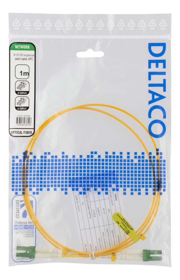 DELTACO OS2 fiberkabel LC – LC, duplex, singlemode, APC, 9/125, 1m