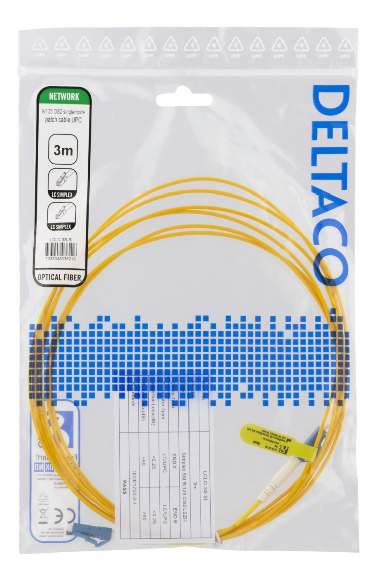 DELTACO OS2 fiberkabel LC – LC, simplex, singlemode, UPC, 9/125, 3m