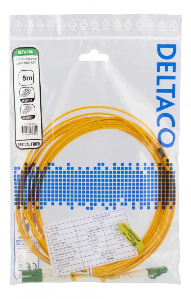 DELTACO OS2 fiberkabel LC – LC, duplex, singlemode, APC, 9/125, 5m