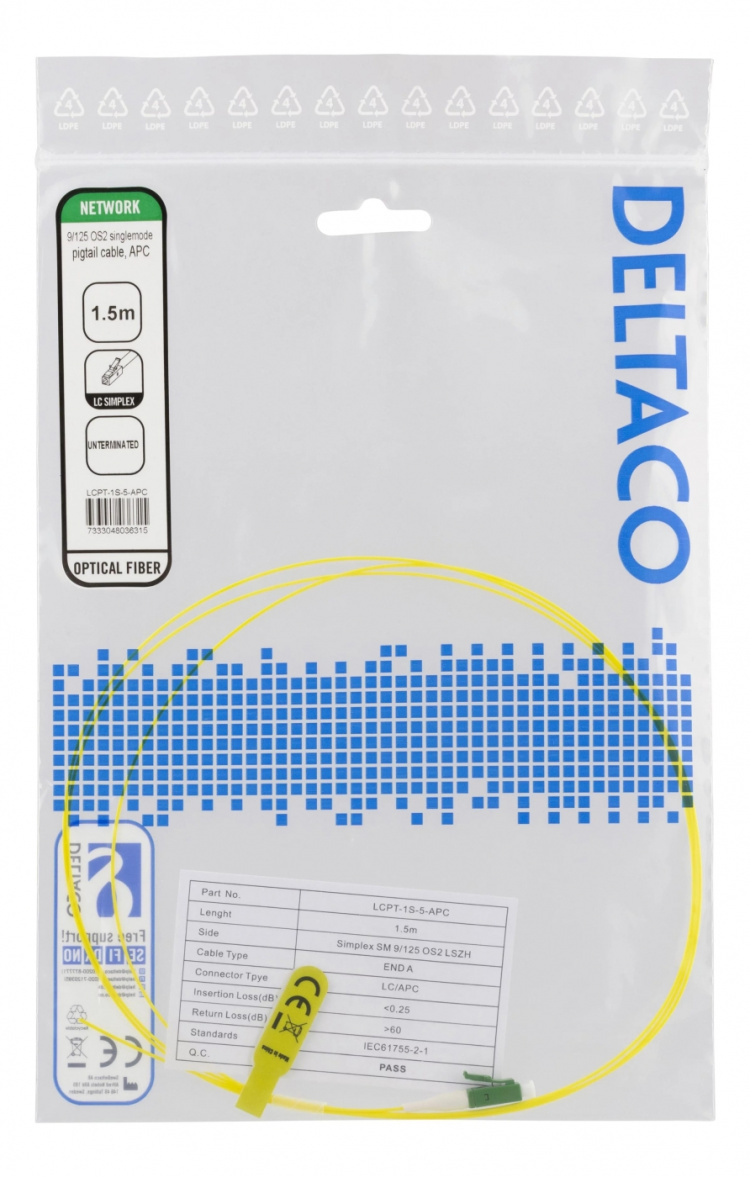 DELTACO OS2 fibersvans, LC, simplex, APC, 9/125, 1,5m