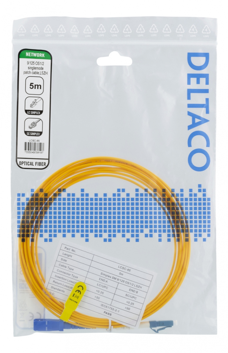 DELTACO Fiberkablage, 5m, LC - SC, 9/125, OS1/2, singlemode, LSZH (Low DELTACO Fiberkablage, 5m, LC - SC, 9/125, OS1/2, singlemode, LSZH (Low
