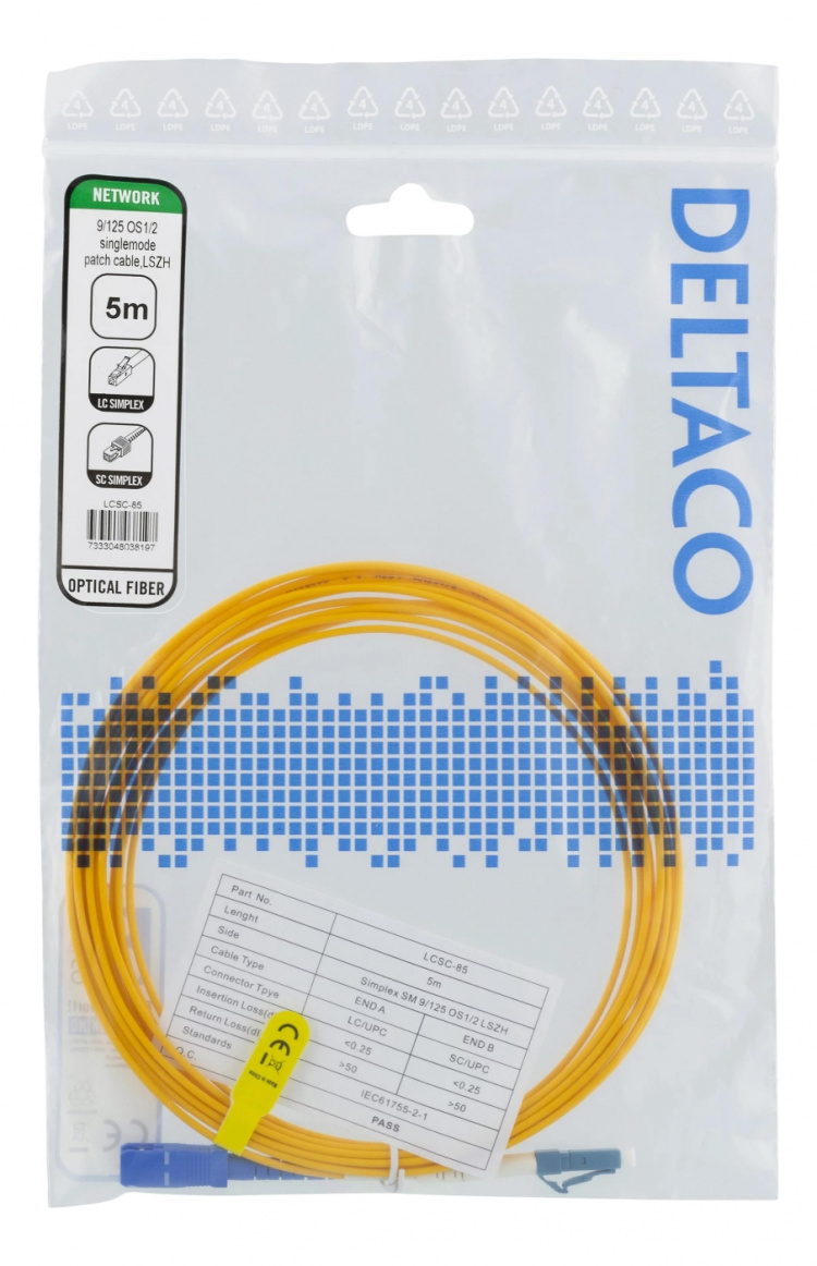 DELTACO Fiberkablage, 5m, LC - SC, 9/125, OS1/2, singlemode, LSZH (Low DELTACO Fiberkablage, 5m, LC - SC, 9/125, OS1/2, singlemode, LSZH (Low