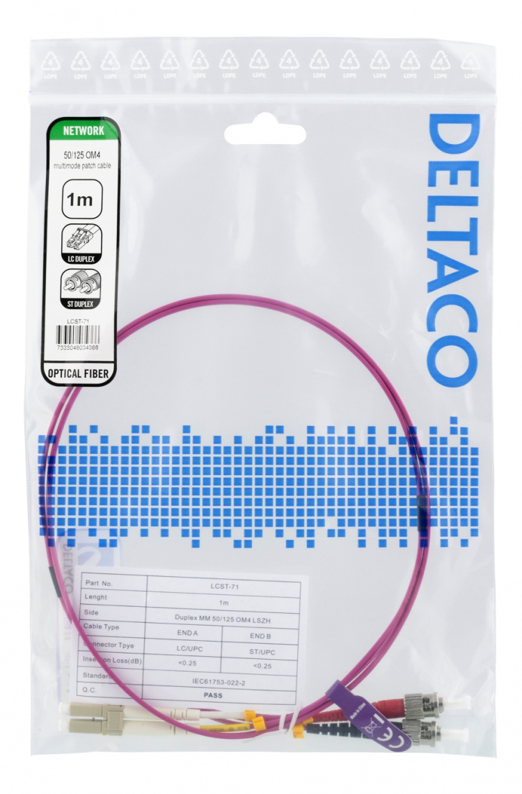 DELTACO Fiberkablage, 1m, LC-ST Duplex, 50/125, rosa DELTACO Fiberkablage, 1m, LC-ST Duplex, 50/125, rosa